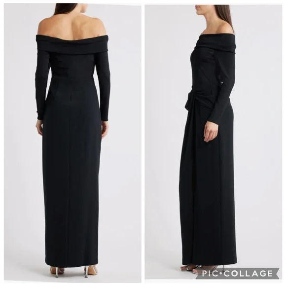 Lauren Ralph Lauren Off The Shoulder Long Sleeve Rib And‎ Crepe Gown Black 14 - Picture 2 of 9